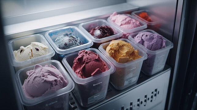 berry, fruit, pistachio ice cream in cups is stored in the refrigerator