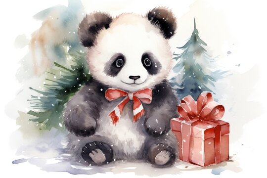  a watercolor painting of a panda bear with a red bow and a gift box sitting in front of a pine tree with snow falling down on it's branches.