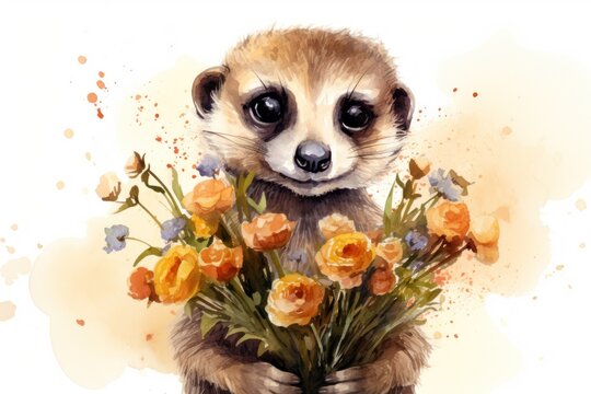  a painting of a baby meerkat holding a bouquet of orange and blue flowers with watercolor splashes on the back of its face and a white background.