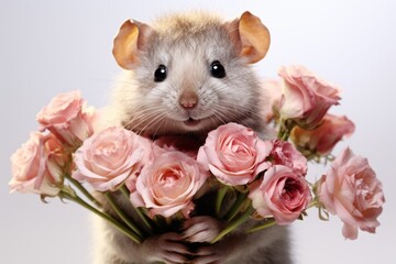  a rodent holding a bunch of pink roses in front of it's face and looking at the camera with a surprised look on it's face, while standing in front of a white background.