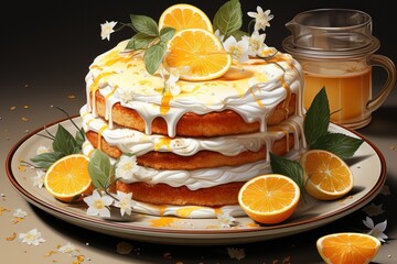  a cake sitting on top of a plate covered in icing and sliced oranges next to a jar of honey and a jar of honey on the side of oranges.
