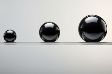  a group of three black balls sitting on top of a white surface with one black ball in the middle of the group and one black ball in the middle of the group. - obrazy, fototapety, plakaty