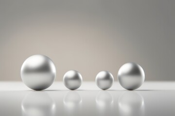  a group of three silver balls sitting on top of a white table next to a gray wall and a light gray wall behind the three balls are in the same direction.