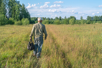A road through a grassy field in the countryside. Nature in the village. Summer landscape in the village. An elderly man walks across the field. Picking mushrooms in the forest in summer.