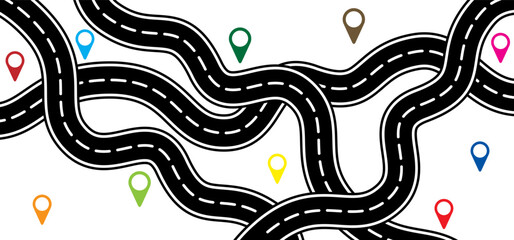 Winding road. Curved road with white markings. Road with gps pins or pointer pin. Curve way or asphalt highway or city street. Winding route template. Flat parts road wavy. Path wave. Pins location. 