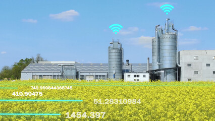 Agritech Technology Concept of Agriculture Silos Connected to Internet Collecting Data from Rapseed Oil Field, Graphics