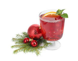 Aromatic Christmas Sangria in glass and festive decor isolated on white