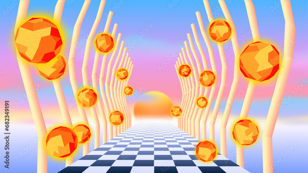 Poster vaporwave corridor of pillars with flying 3d donut shapes and sun in 90s style. abstract surreal ret