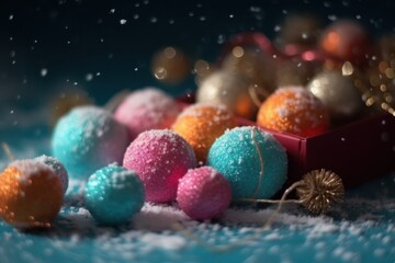  a pile of colorful balls sitting on top of a pile of snow next to a red box with gold and blue decorations on top of it and snow flakes.