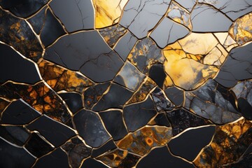  a close up of a wall made up of many different shapes and sizes of broken glass and gold leafy paint on the surface of the surface of the wall.