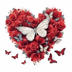 Heart, roses, butterflies, heart and flying butterflies, romantic theme, valentines card, love and joy, generative ai