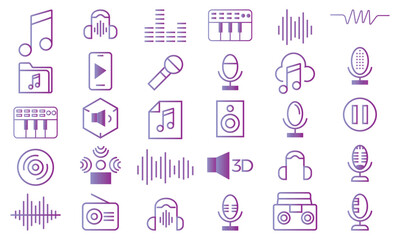 Editable simple line stroke vector icon set, audio wave, speaker, Soundtrack, Sound wave, Headphone and more.