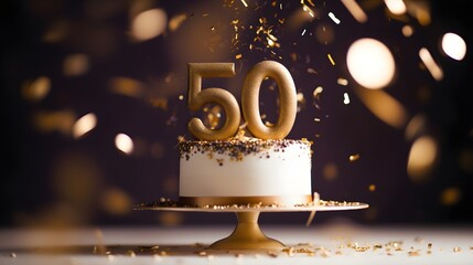 White and golden cake with number 50 on a table decorated for a party celebration - obrazy, fototapety, plakaty
