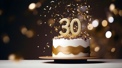 White and golden cake with number 30 on a table decorated for a party celebration