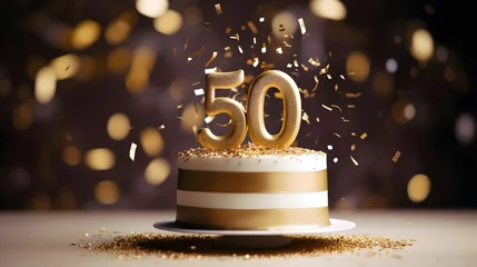Deurstickers White and golden cake with number 50 on a table decorated for a party celebration © Premium_art