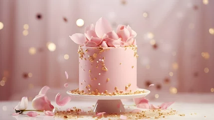 Fotobehang Festive pastel pink cake with rose flower petals on a table decorated for a party celebration © Premium_art