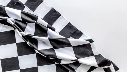 Poster checkered finish flag on white background top view space for text generative ai © Kelsey