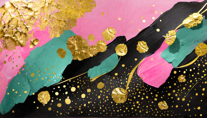 abstract painting composition with mints and smudges of paint and applique abstract black pink and gold background