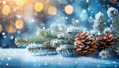 Fototapeta na wymiar winter christmas background with fir tree branch and cones
