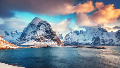 amazing winter scenery north fjords with mountains landscape scenic photo of winter mountains and vivid colorful sky stunning natural background picturesque scenery of lofoten islands norway