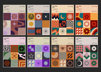 Cool Swiss Design Posters Collection. Set Of Bauhaus Print Patterns Vector Design. Abstract Geometric Placards. Brutalist Shapes.
