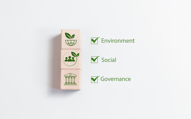 ESG environmental, social and governance. ESG icons on wood block for world sustainable environment concept. - obrazy, fototapety, plakaty