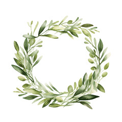 Green olive tree branch wreath with leaves watercolor paint