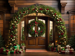 Merry Christmas decoration at the entrance door of the house, Christmas wreath and traditional tree and gifts decoration.