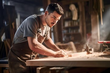 Young caucasian male carpenter working in woodworking workshop - Powered by Adobe
