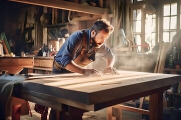 Young caucasian male carpenter working in woodworking workshop