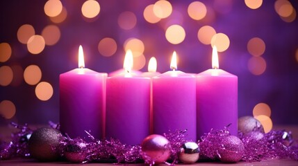 Obraz na płótnie Canvas Glittering Colored Candles Illuminate Purple Advent Wreath