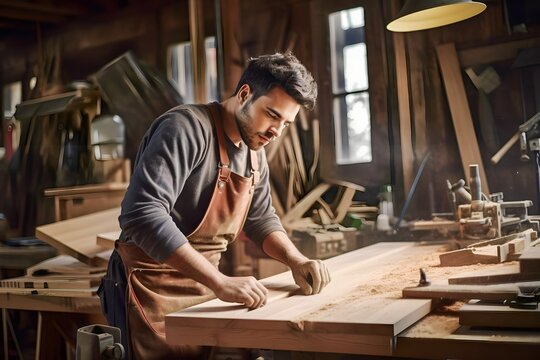 Young caucasian male carpenter working in woodworking workshop