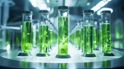 Cutting-edge Biotech Lab Stock Image of Algae Biofuel Tubes Generating Ethanol, Gas, Methane, and Diesel for the Future of Sustainable