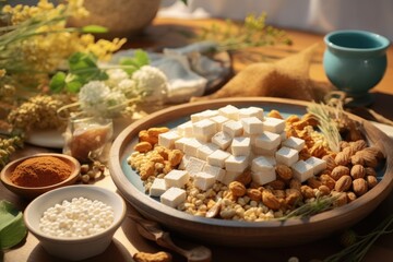 A dish of tempeh, tofu and other soy products in a beautiful presentation.