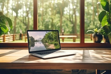 Laptop on Table Against Window Backdrop, Showcasing Remote Work in Nature Setting