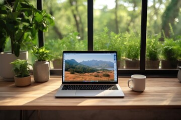 Fototapeta premium Scenic Nature View from Table with Laptop, Emphasizing Remote Work Flexibility