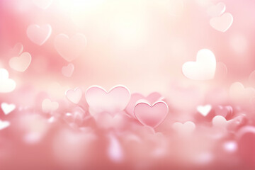 The romantic abstract wallpaper of many transparent pink heart shapes and hearts and round bokeh...