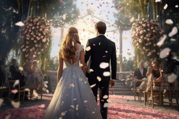 Bridal Ceremony: Happy Groom and Bride Showering Rose Petals in Traditional Wedding