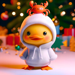 cute little duck and his crab at christmas
