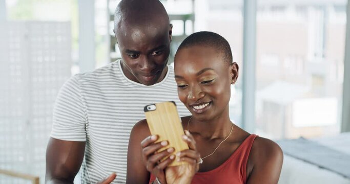 Smile, selfie and couple in a house with phone for photography, moment or memory in their home. Smartphone, app and happy black people in living room for profile picture, post or social media upload