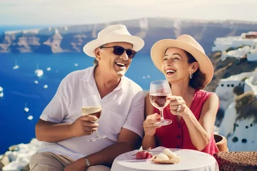 Poster Happy senior couple drinking in Santorini © A Denny Syahputra