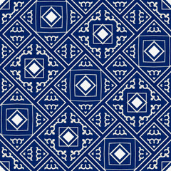 JPEG ornate navy blue and white chinoiserie geometric square seamless repeat pattern. Perfect for fabric, wallpaper, interior design, home decor, soft furnishings, packaging, stationery and more.