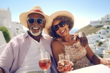 Happy senior African couple drinking in Santorini, Greece