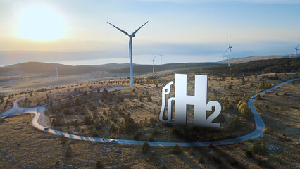 Hydrogen energy storage gas station fuel dispenser tank with wind turbine. Aerial view of green eco...