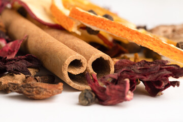 Heap of dried spices for mulled wine, copy space.