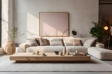 A white sofa in a modern bright living room in aesthetic minimalist high-end studio apartment, with scandinavian loft home interior decoration and furniture - Generated AI