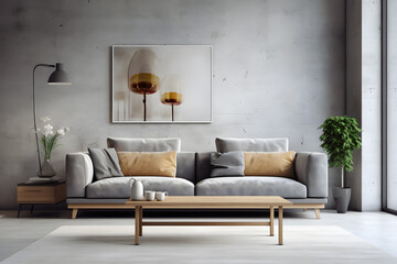 A grey sofa in a modern bright living room in aesthetic minimalist high-end studio apartment, with scandinavian loft home interior decoration and furniture - Generated AI