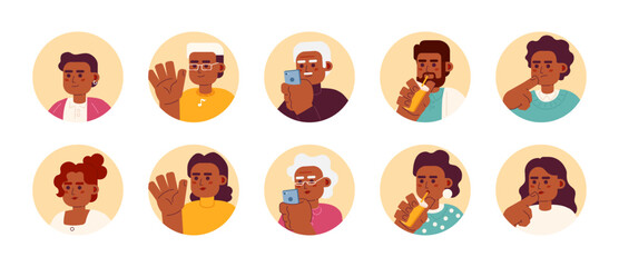 Present-day african american 2D vector avatars illustration bundle. Adult black female, male cartoon character faces collection. People of color flat color user profiles images isolated on white