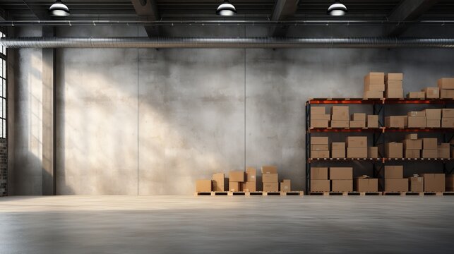 A spacious warehouse with a blank wall for product advertising  AI generated illustration
