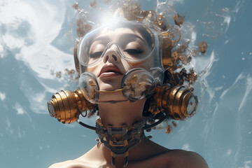 portrait of a woman wearing a transparent glass helmet or a futuristic breathing mask, underwater
